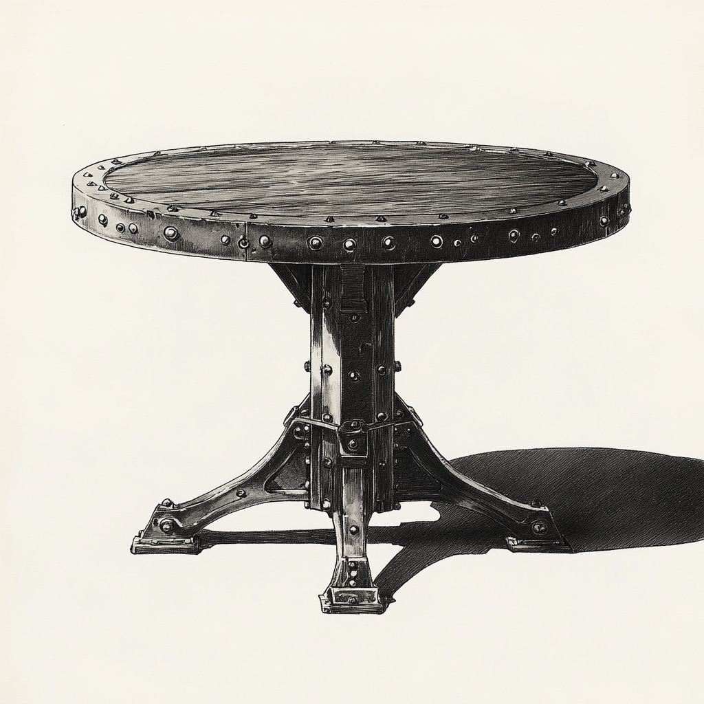 Rounded dining table inspired by locomotives and safes.