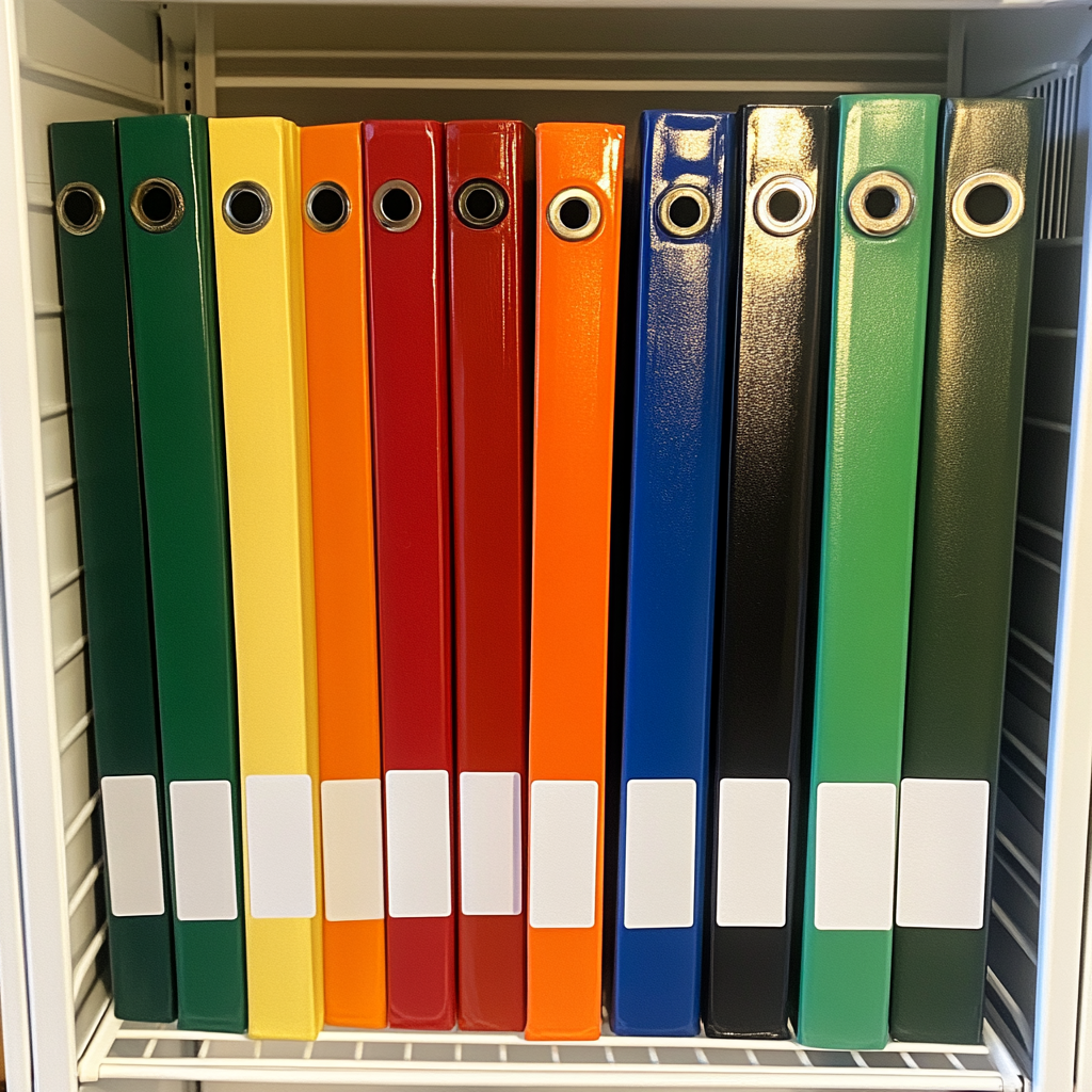 Row of 7 binders in metal rack, labeled neatly.