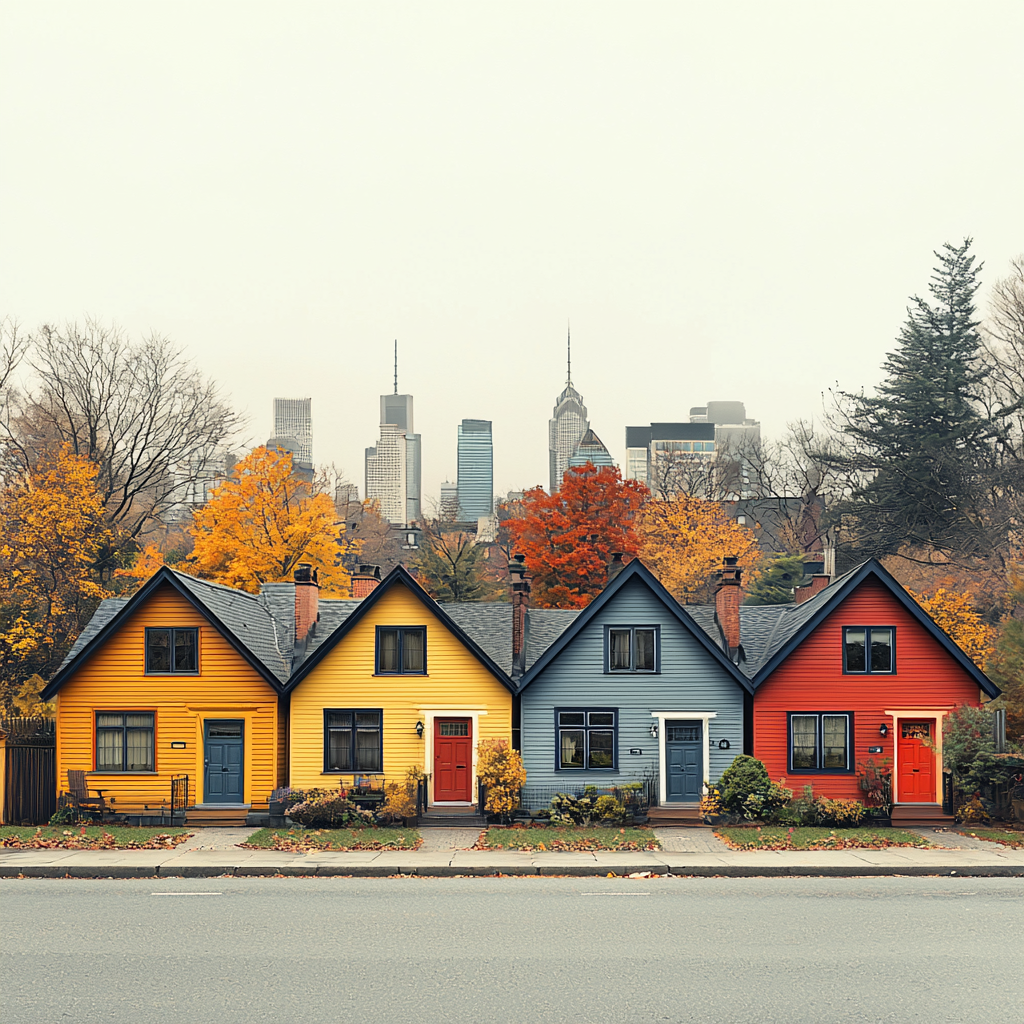 Row of identical houses with two colors, gray skyline.