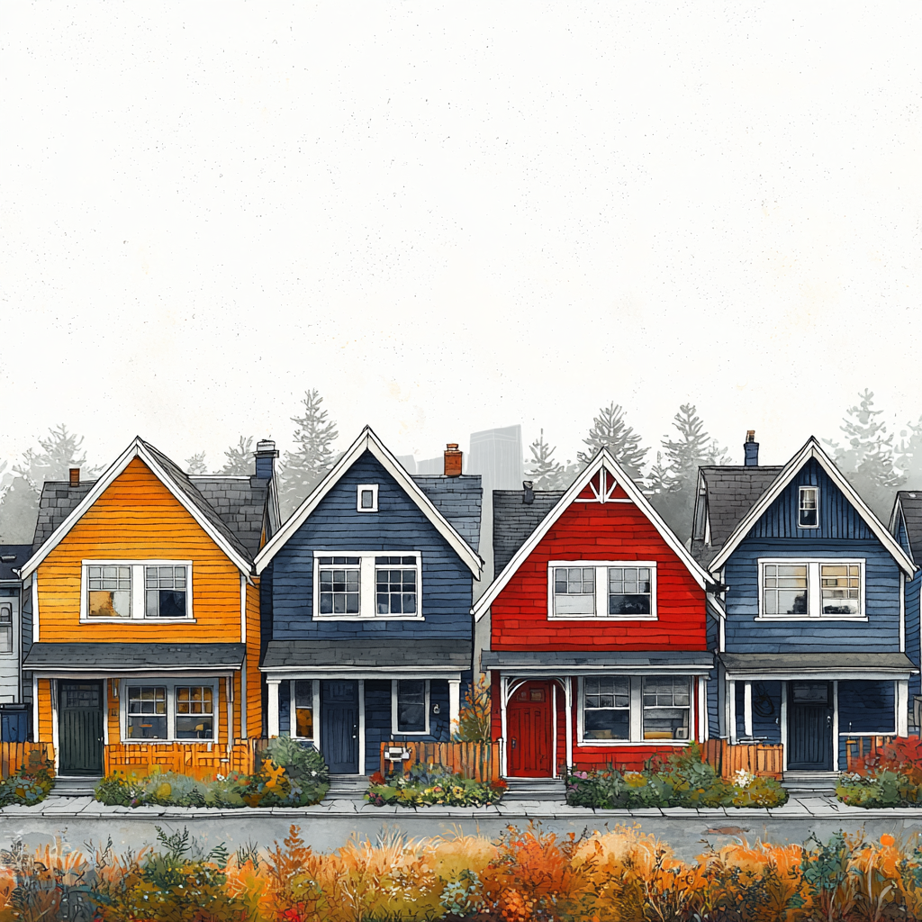 Row of identical houses with two colors, skline backdrop.