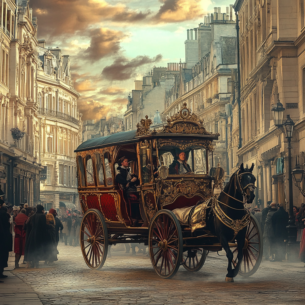 Royal horse-drawn carriage in crowded 18th-century London.