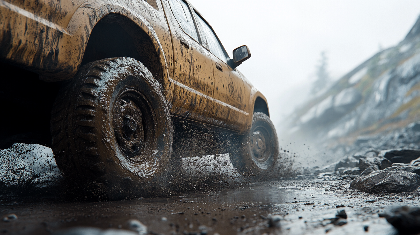 Rugged Ford Truck Wheel Splashes Through Mud Trail