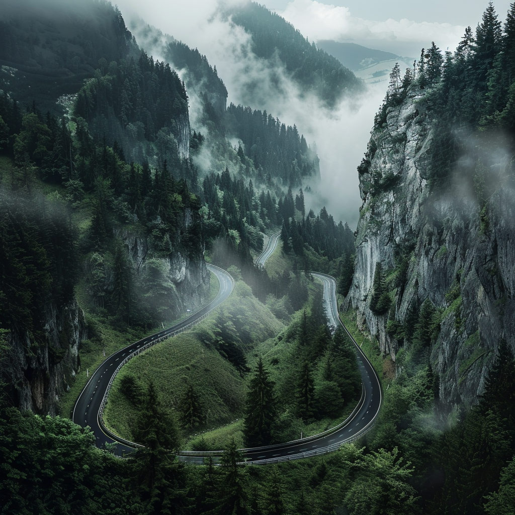 Rugged Transylvanian mountains with winding road and forests.