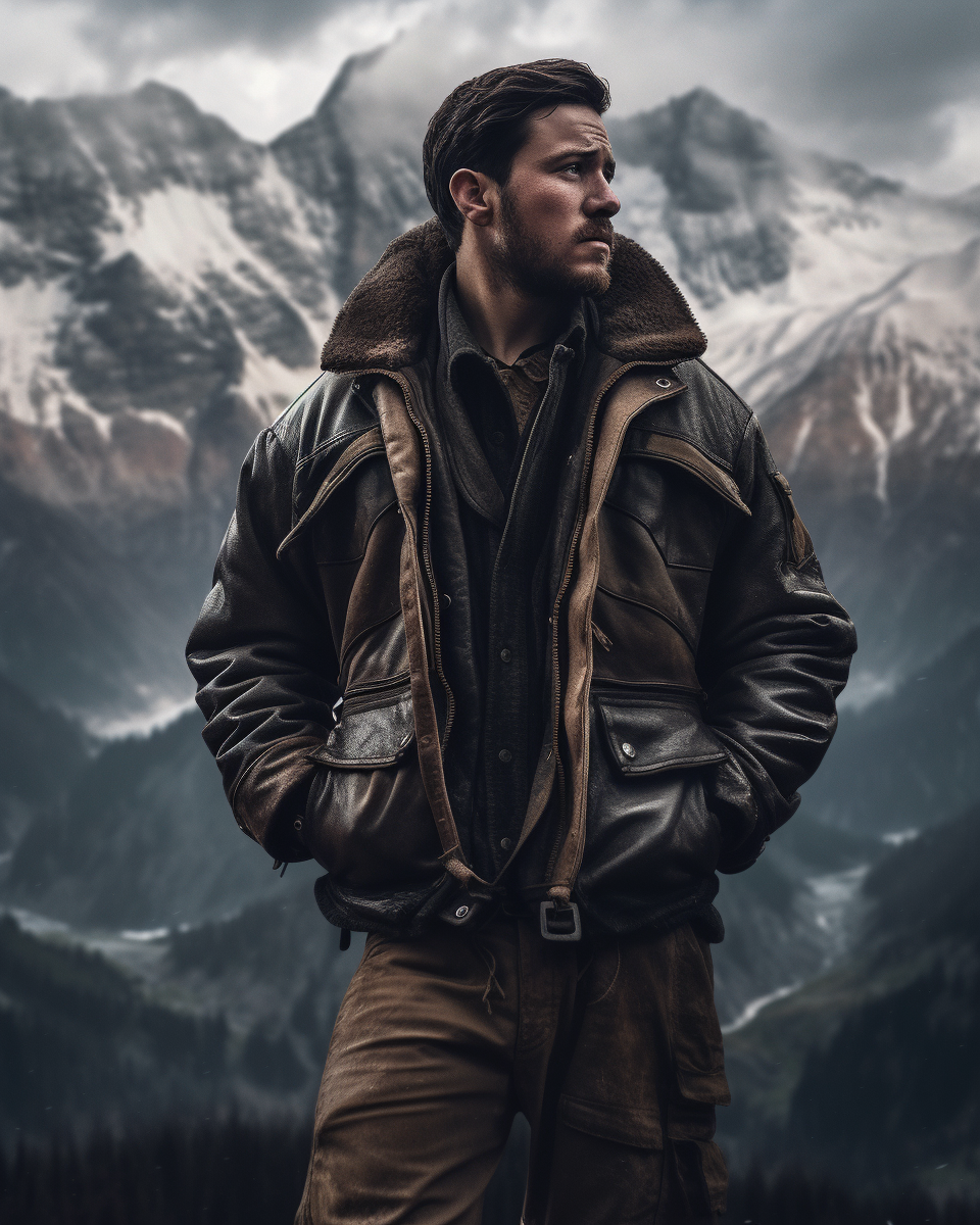 Rugged explorer in leather jacket surrounded by snowy mountains.