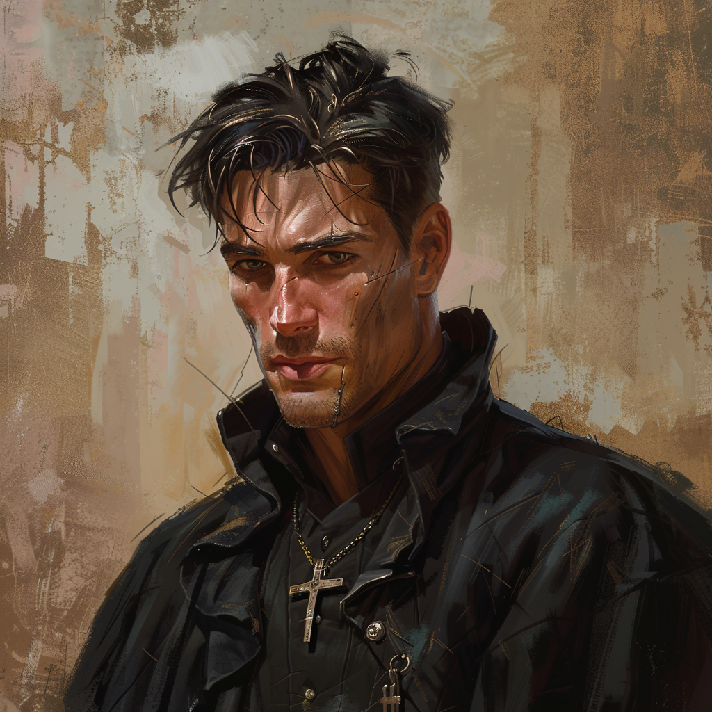 Rugged priest Simon in dystopian setting, unique features highlighted.