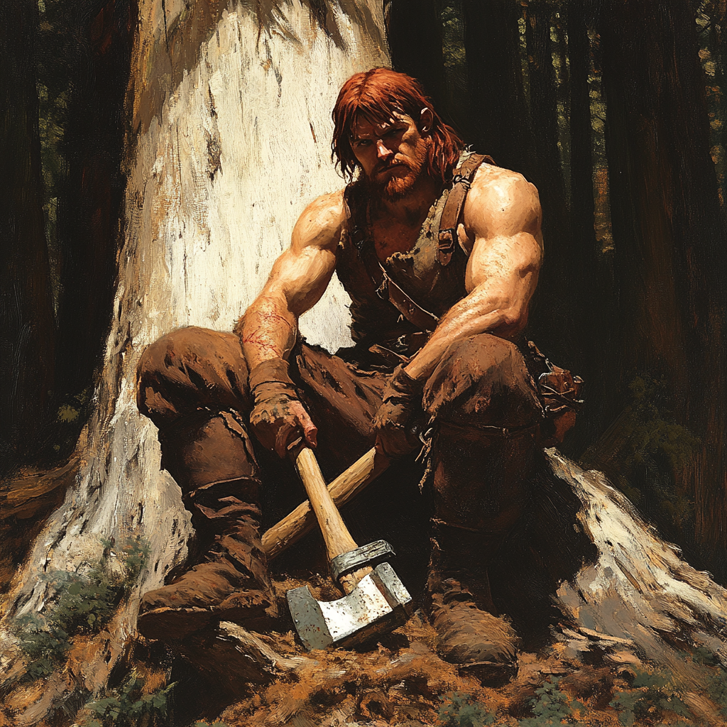 Rugged woodsman with red hair in ancient forest.