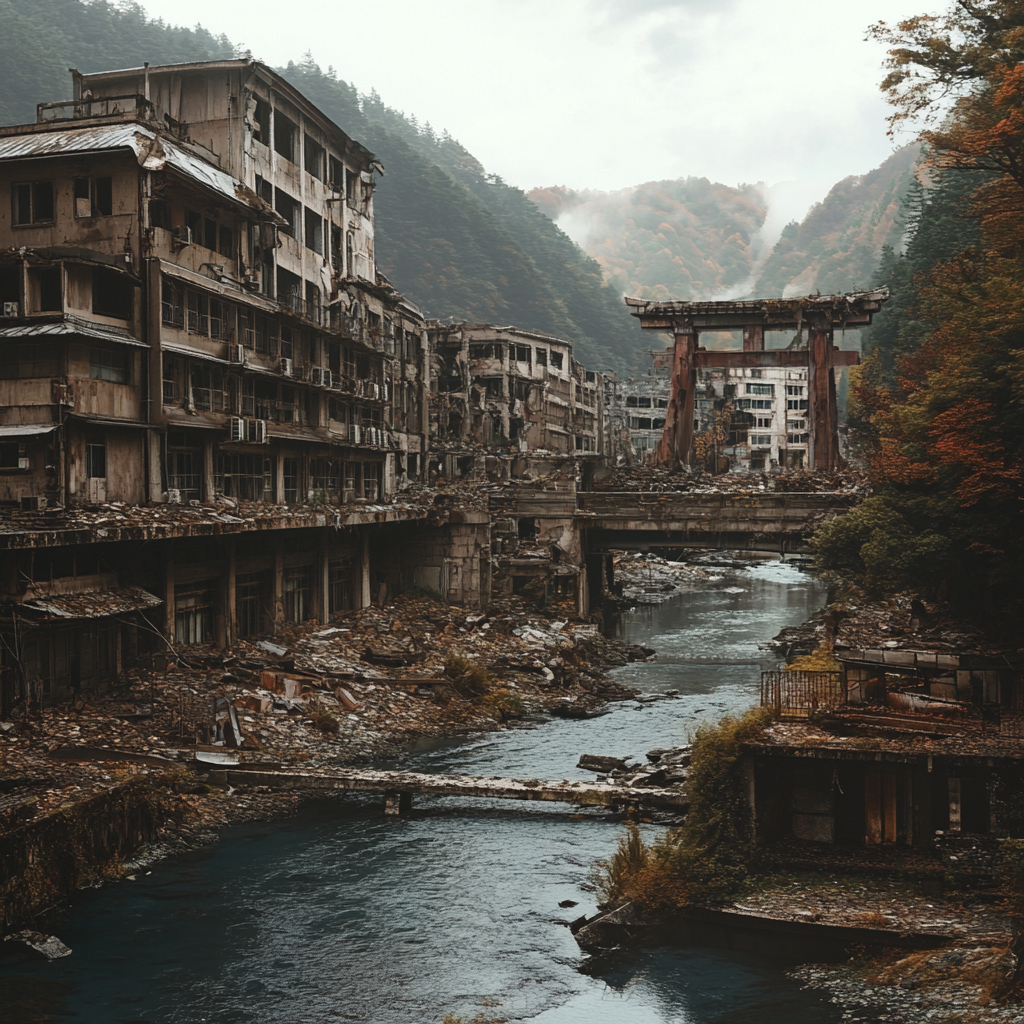 Ruined hotels by river with broken bridge.