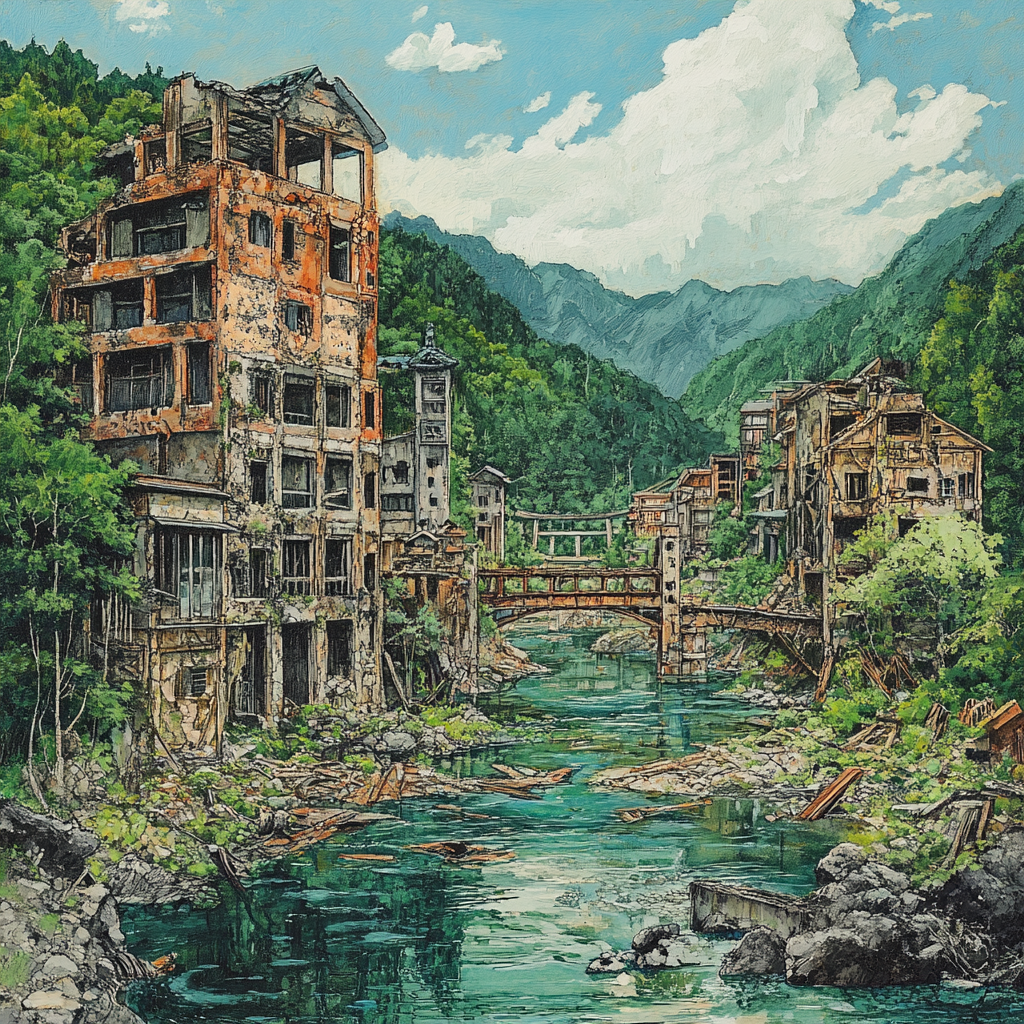 Ruined hotels in hot spring town by river.