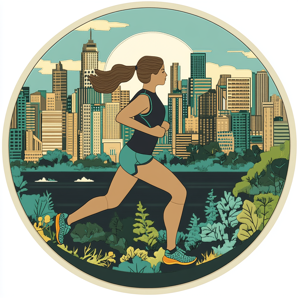 Runner Circular Badges with Cityscape, Nylon Cotton Stickers