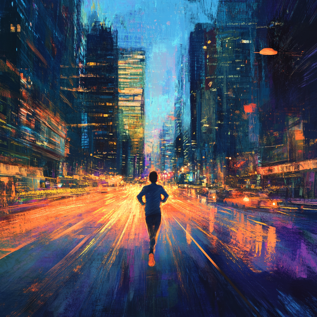 Runner in city at dusk with calming sky colors.