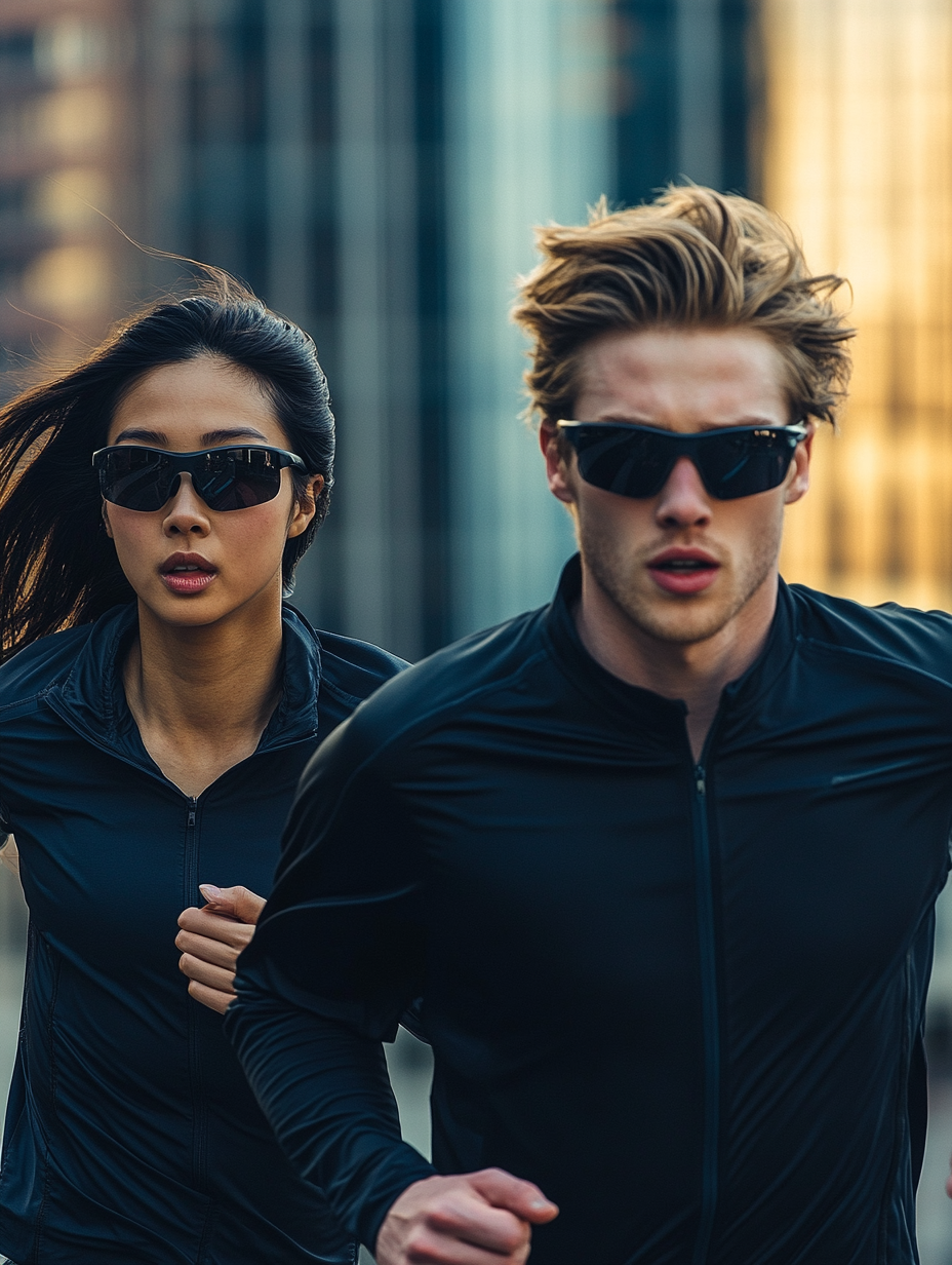 Running couple wearing sunglasses in city