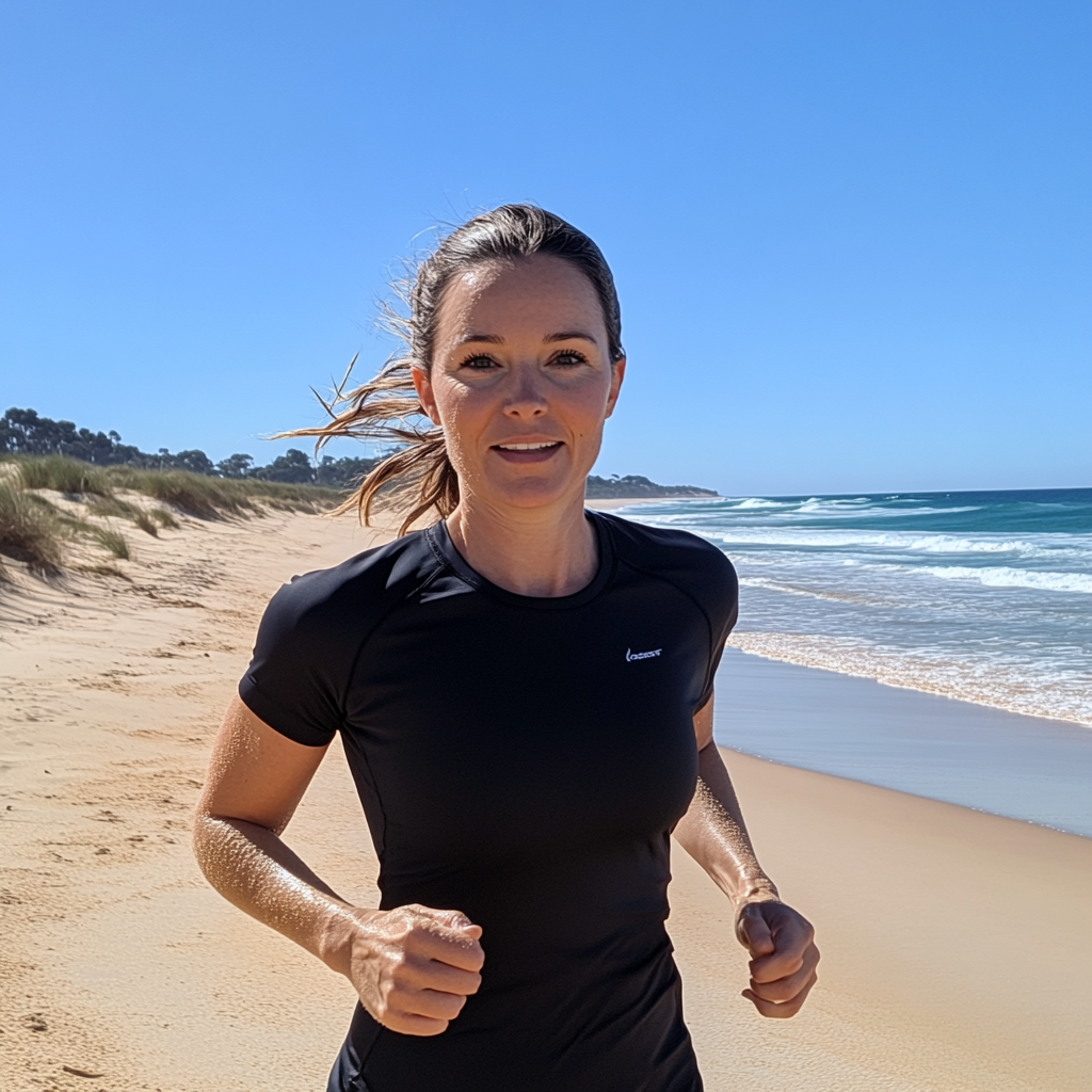 Running woman on beach with wet hair