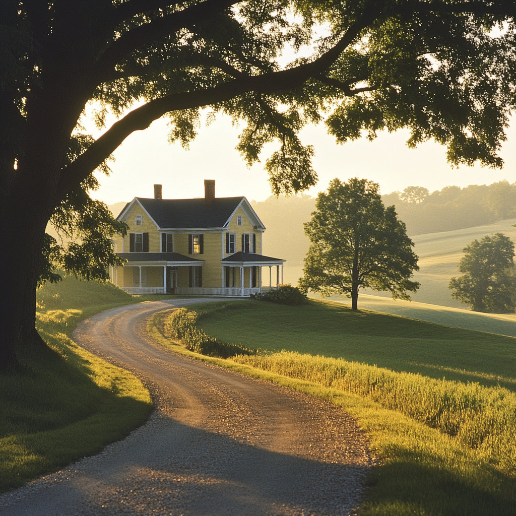 Rural farmhouse at sunrise with yellow house and trees.