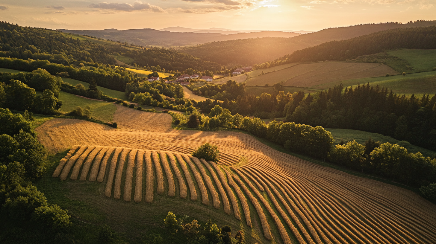 Rural landscape with terraced fields, harvested bundles of hay