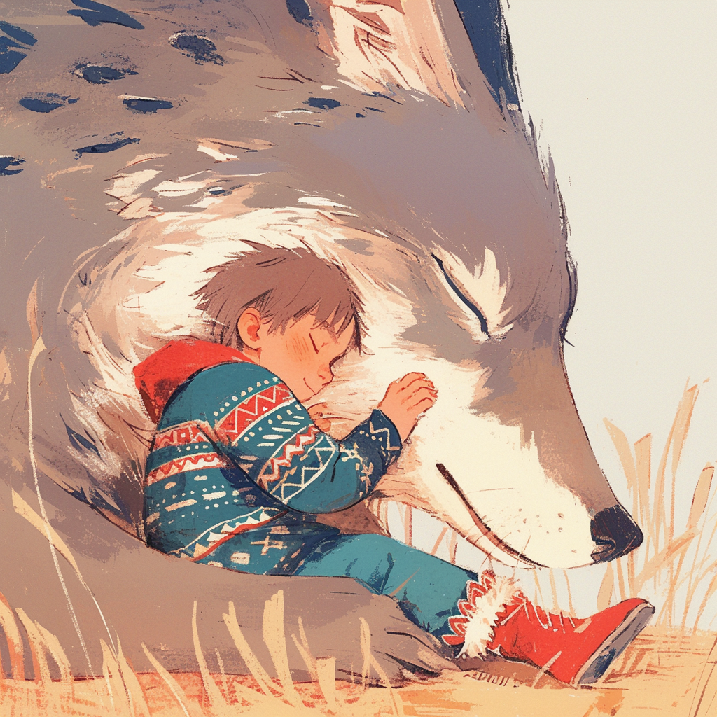 Russian boy in embroidered shirt hugs wolf's leg.