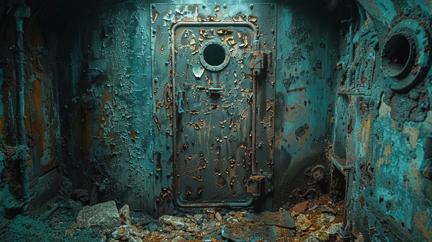 Rusted metal doors, cracked walls, broken military equipment, eerie.