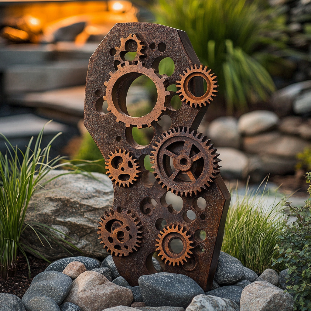 Rusted metal sculpture with gears, shadows in garden.