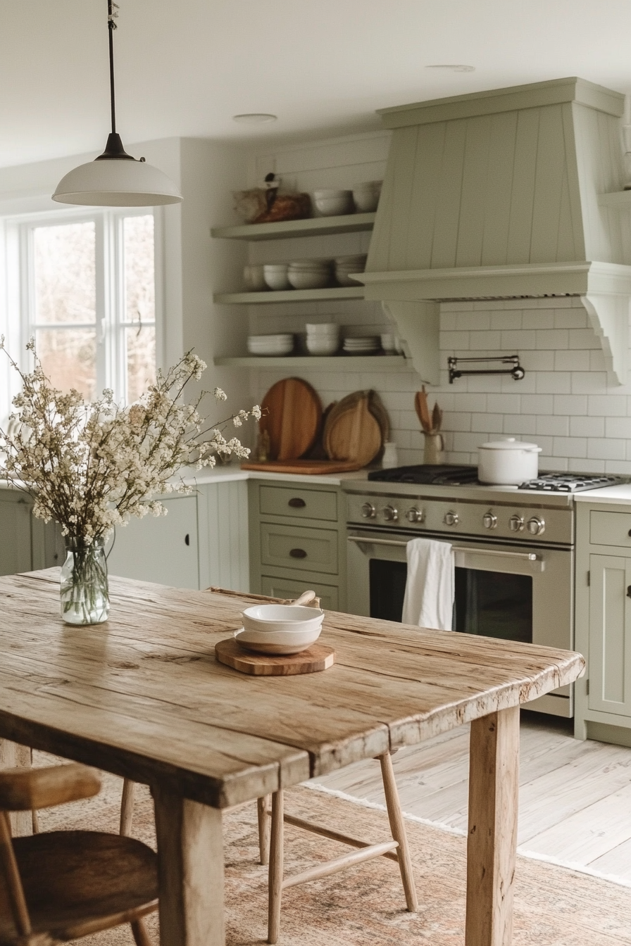 Rustic Chic Minimalist Kitchen with Sage Green Cabinetry