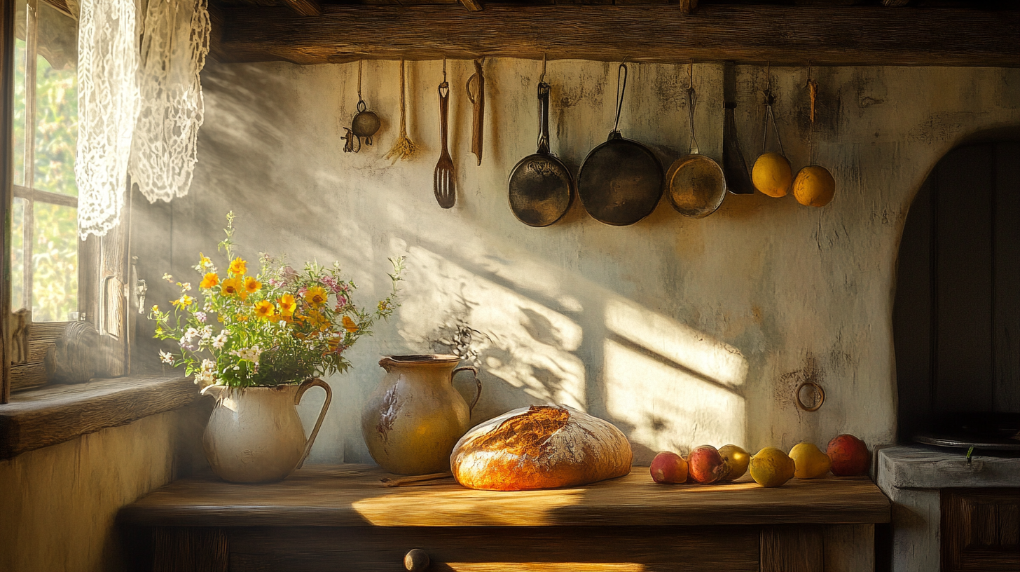 Rustic Kitchen Scene with Vintage Utensils and Fresh Bread