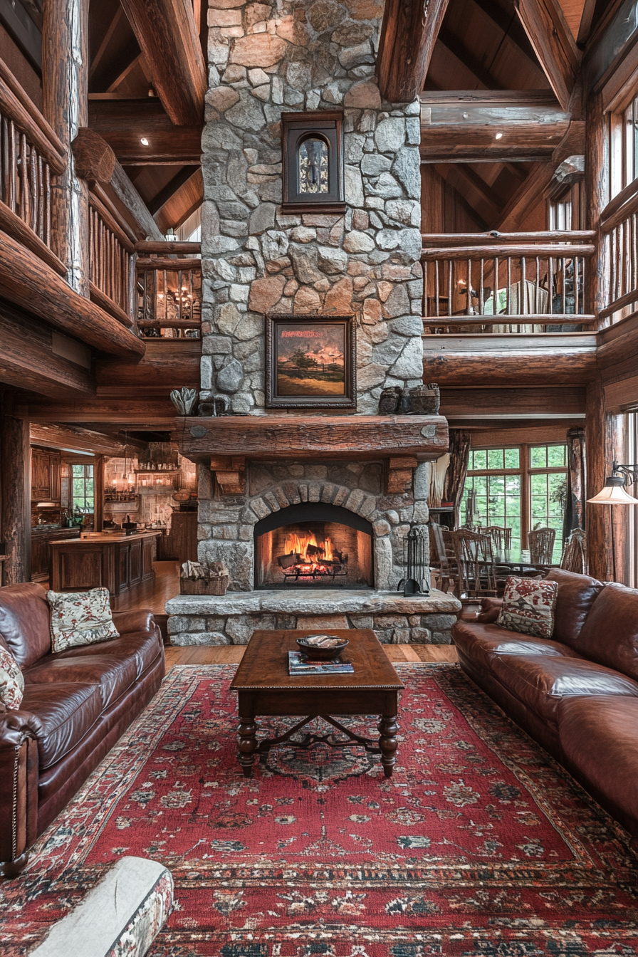 Rustic Stone Hearth in Cozy Country Living Room