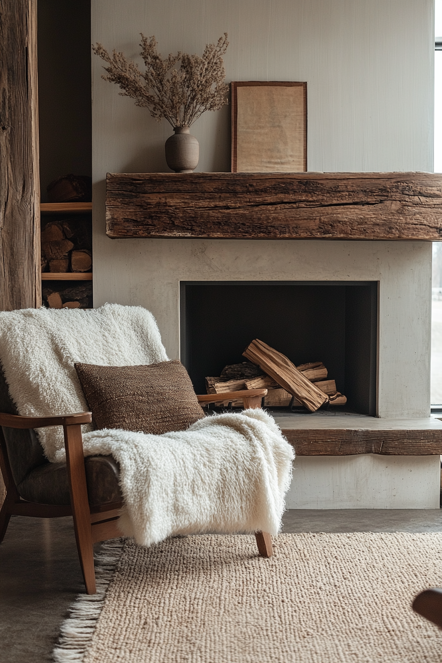 Rustic Wood Mantle Adorns Cozy Corner Fireplace