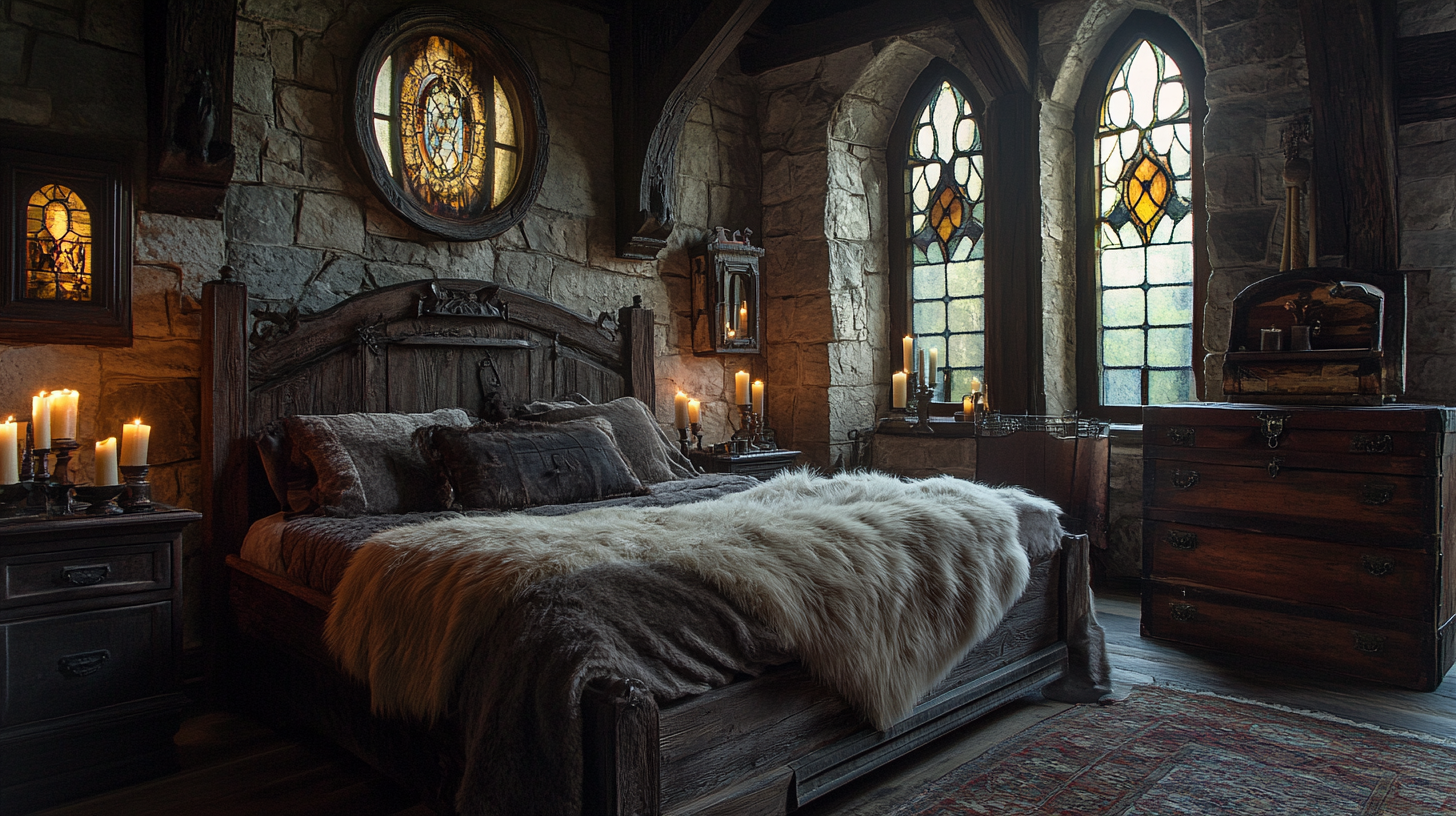 Rustic bed with iron detailing, faux fur throw, candles.