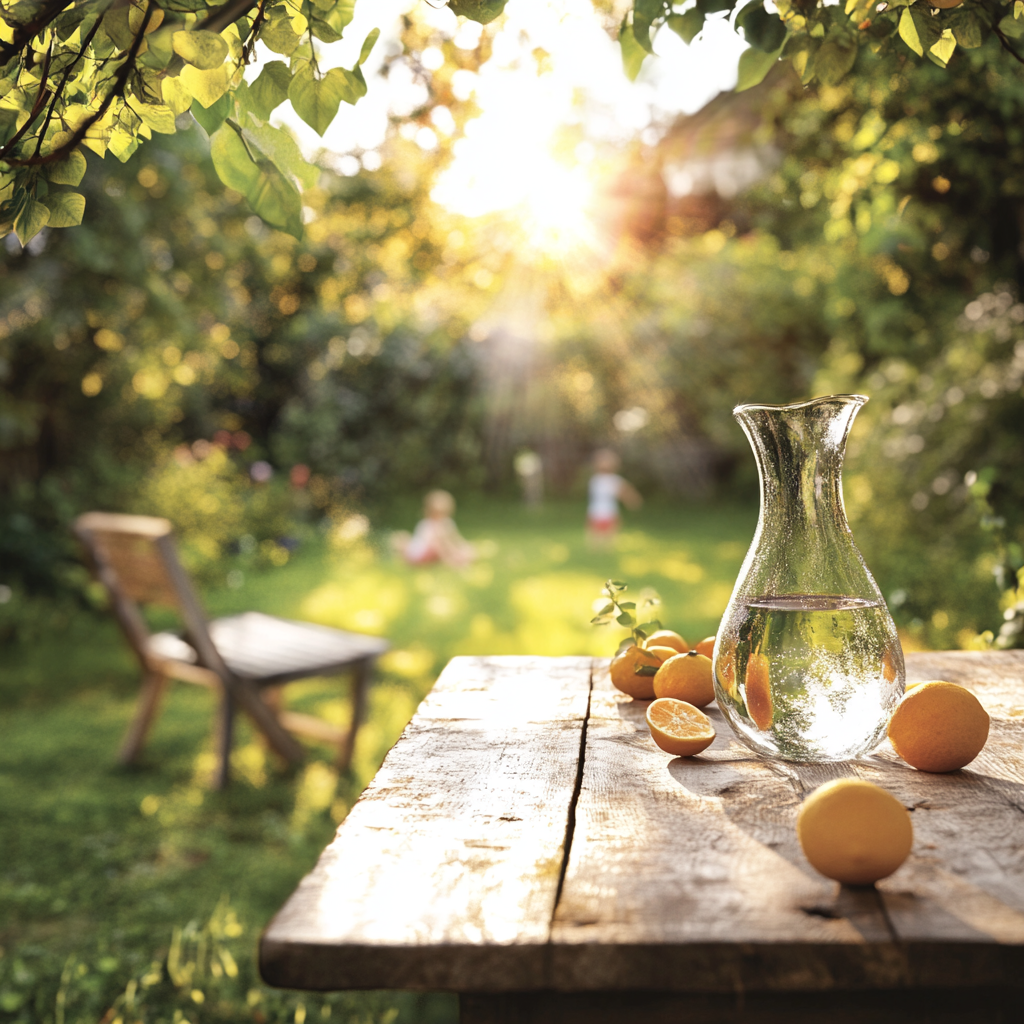 Rustic garden table with glass carafe of water.