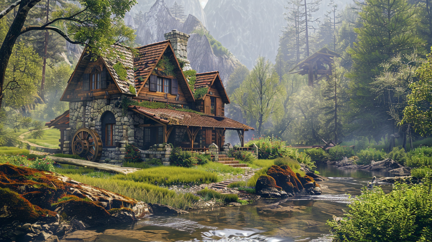 Rustic house by river, water mill, stone walls, lush grass.