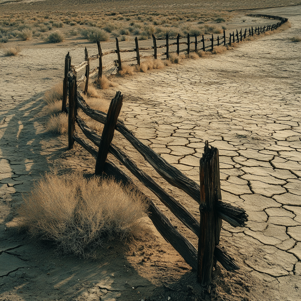 Rustic wooden fence in desert under dramatic lighting