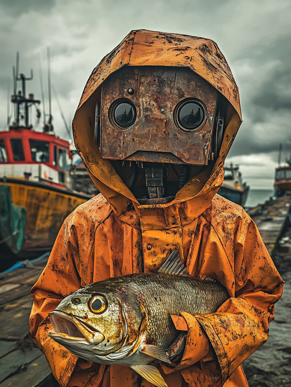 Rusty metal face robot boy holding giant fish.