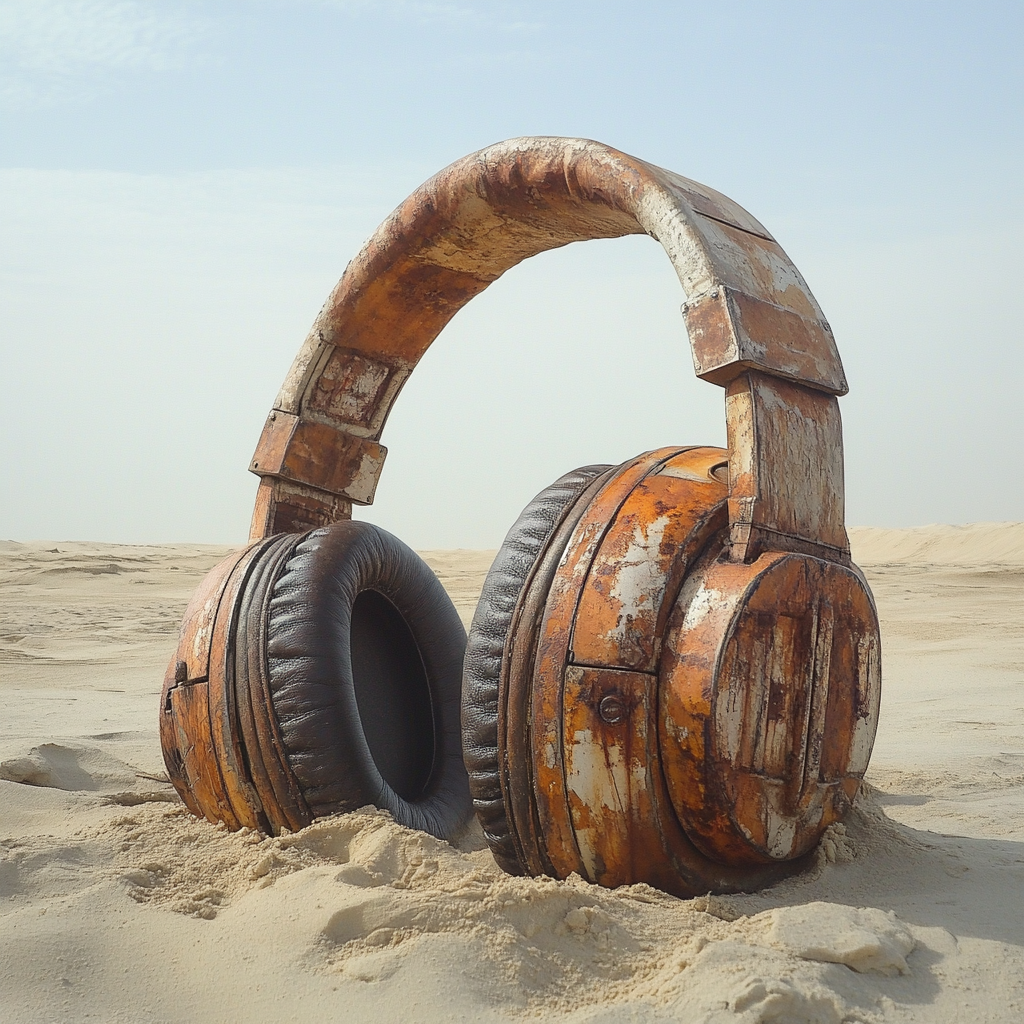 Rusty metal headphones in sand, like sandcrawler from movie.