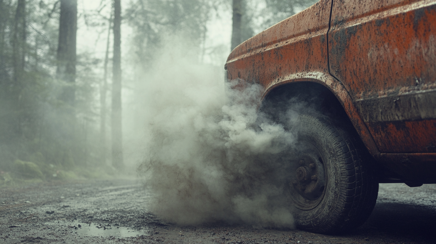 Rusty van's smoking exhaust in misty forest