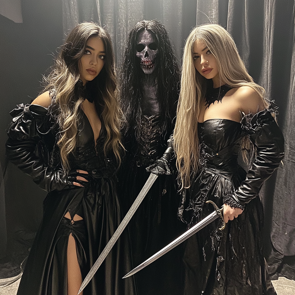 Sabrina and Jenna in leather gowns, holding weapons.