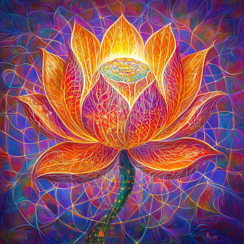 Sacred lotus flower blooming in divine matrix heart.