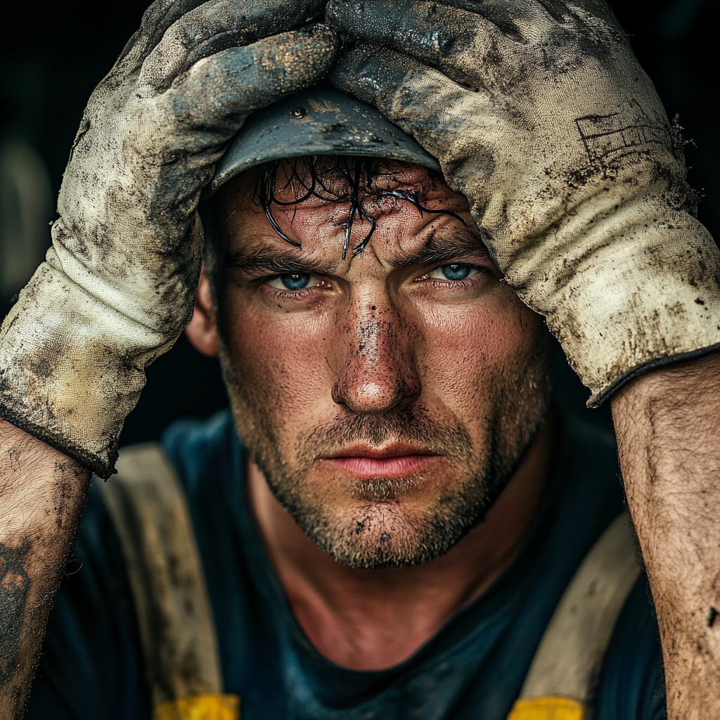 Sad American Worker Wearing Dirty LED Headlights