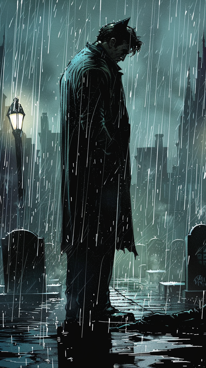 Sad Bruce Wayne at rainy funeral in dark comic art.