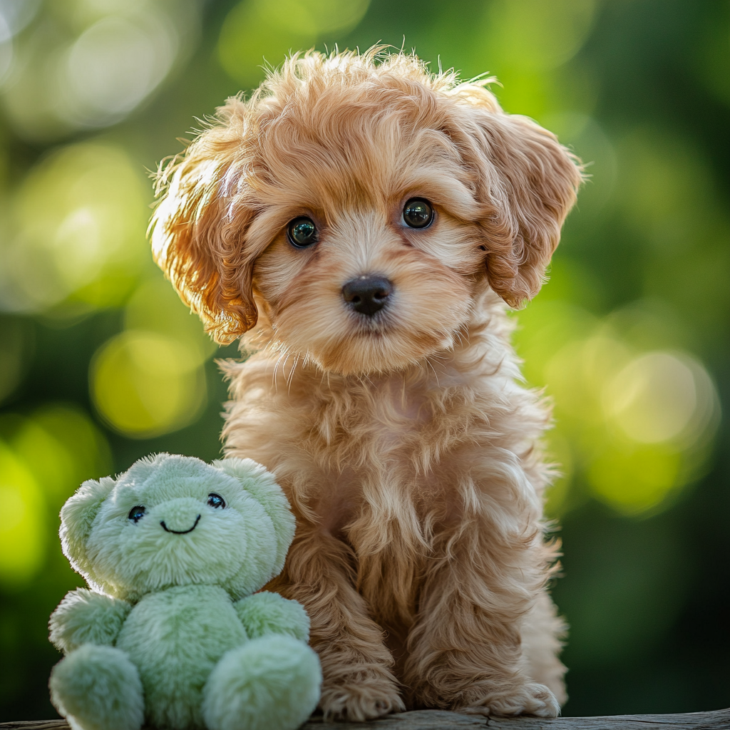 Sad Cavoodle puppy with toy in blurry green background.