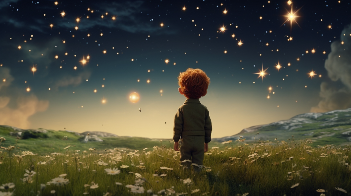 Sad Little Prince gazes at quiet stars.