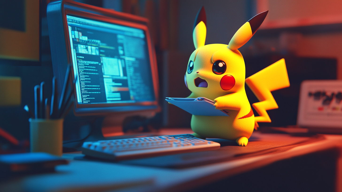 Sad Pikachu cries while doing homework on computer.