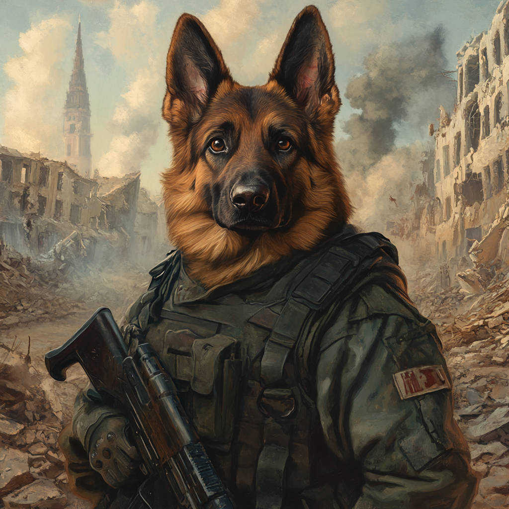 Sad Soldier Dog in Destroyed City