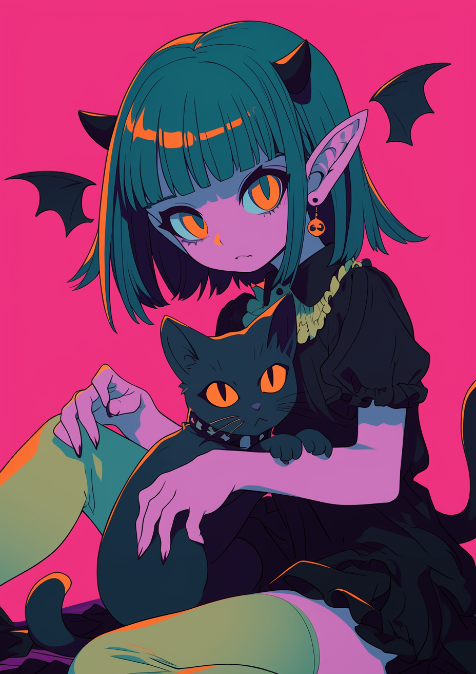 Sad Zombie Goth Girl with Cute Cat, Halloween Scene