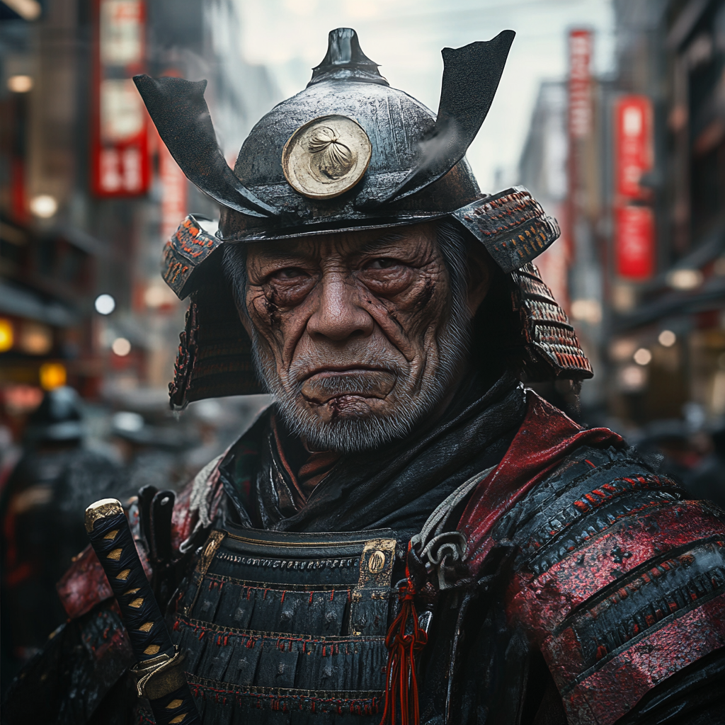 Sad and confused old samurai in modern Japan.