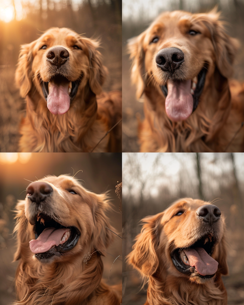 Sad golden retriever transforms to extremely happy on sunny day.