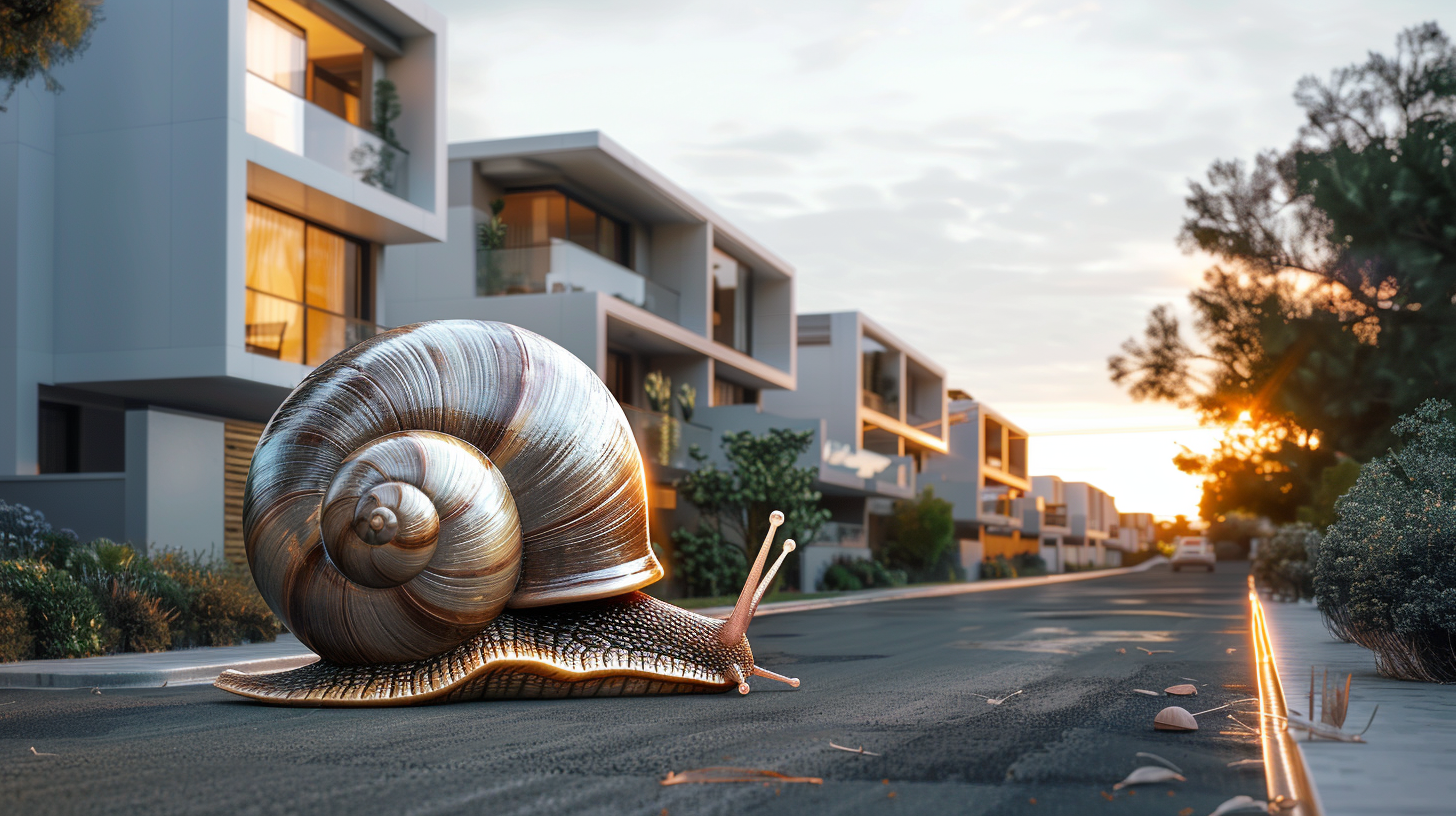 Sad real estate agent on snail in modern neighborhood.