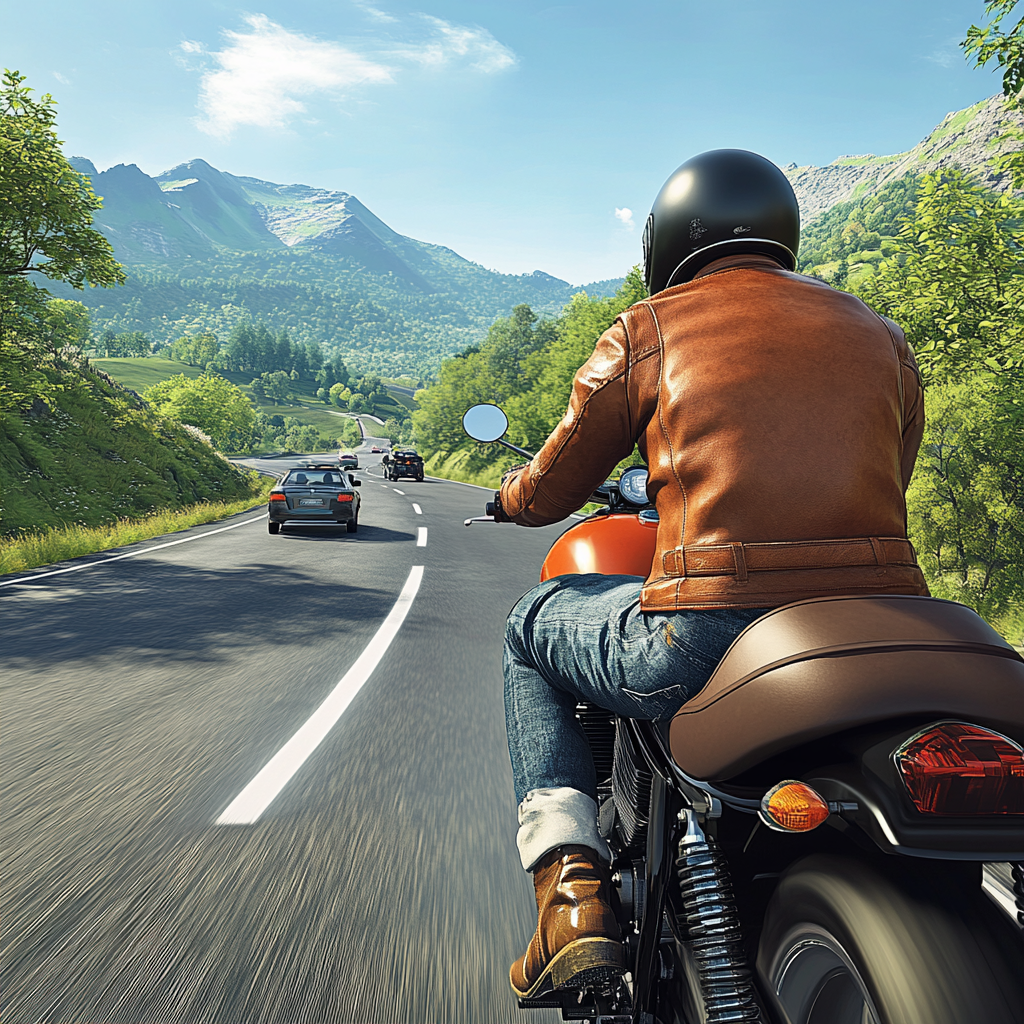 Safe motorcyclist enjoys scenic ride through lush landscape.