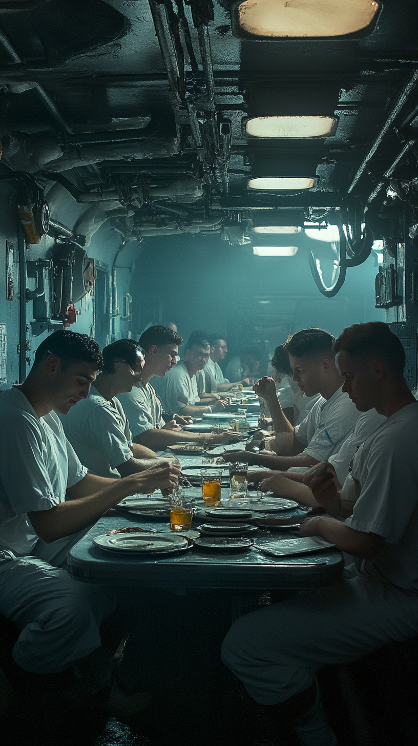 Sailors relaxing in mess hall after long day.