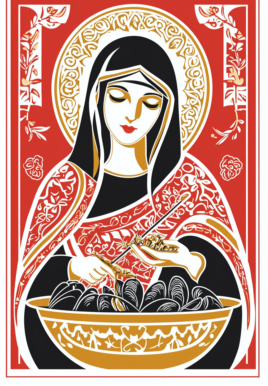 Saint Lucy Cooking Mussels - Slavic Style Illustration