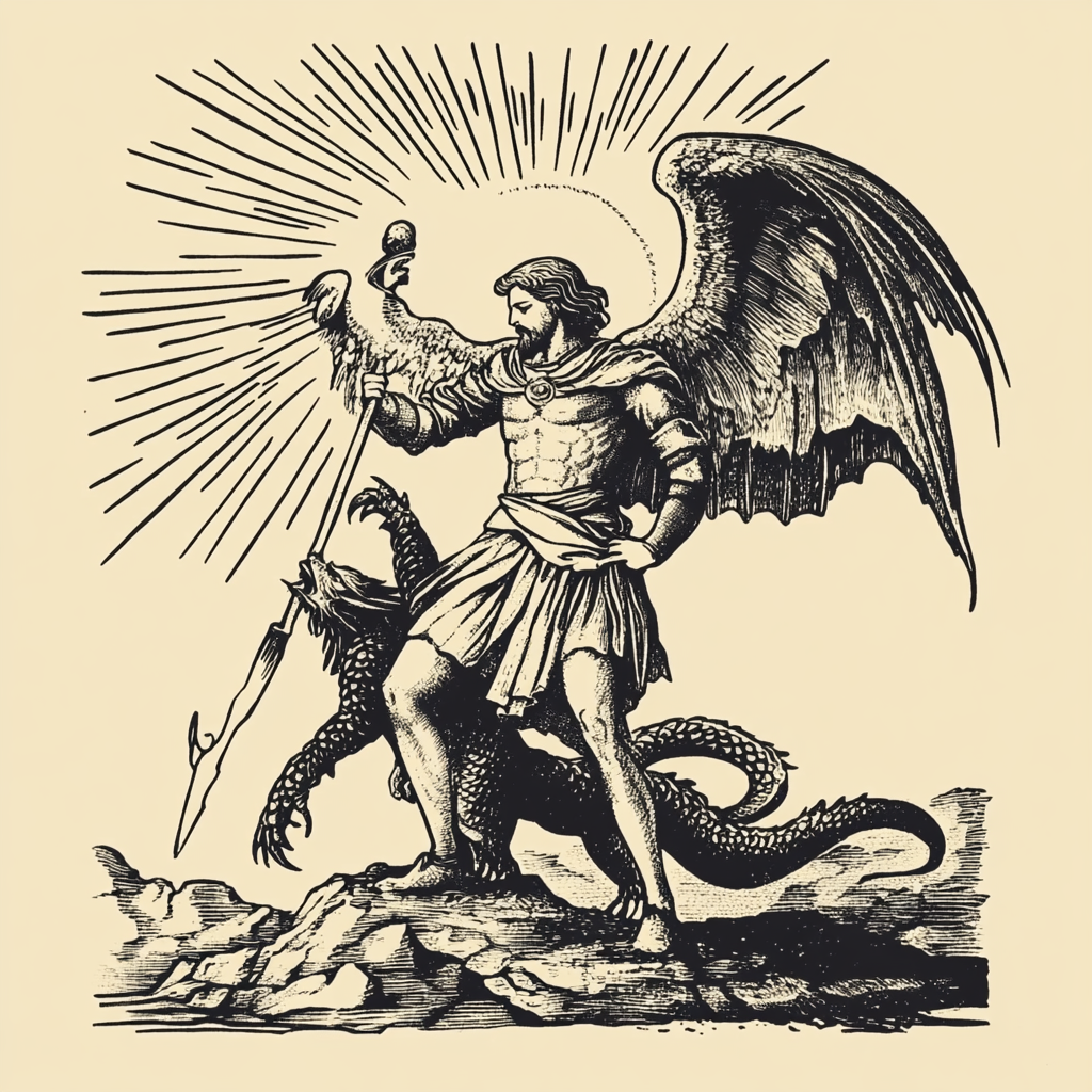 Saint Michael defeating the dragon in medieval art style.