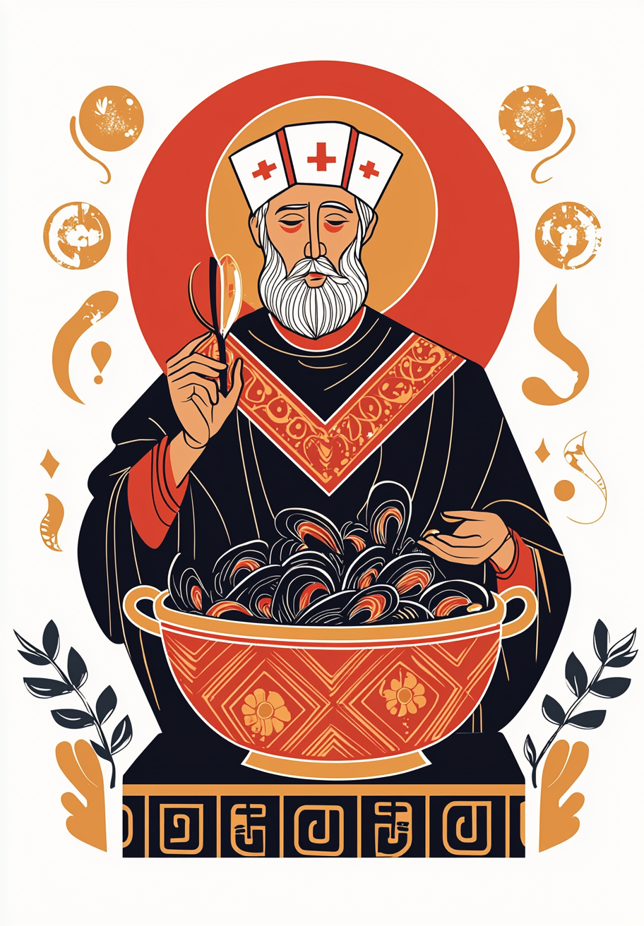 Saint Nicholas Cooking Mussels in Slavic Saint Icon Style