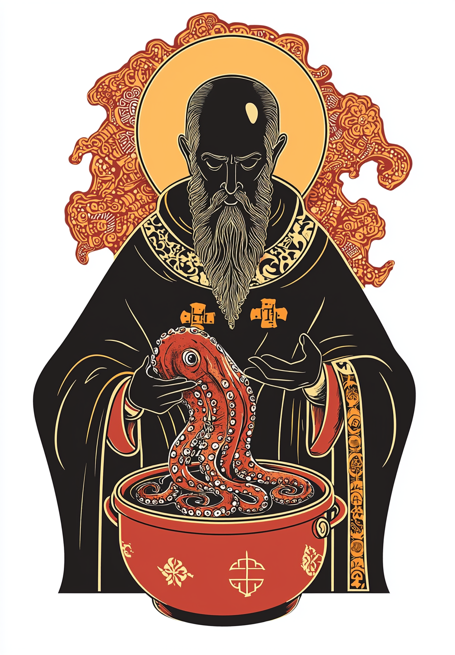 Saint Nicholas Cooking Octopus in Slavic Style